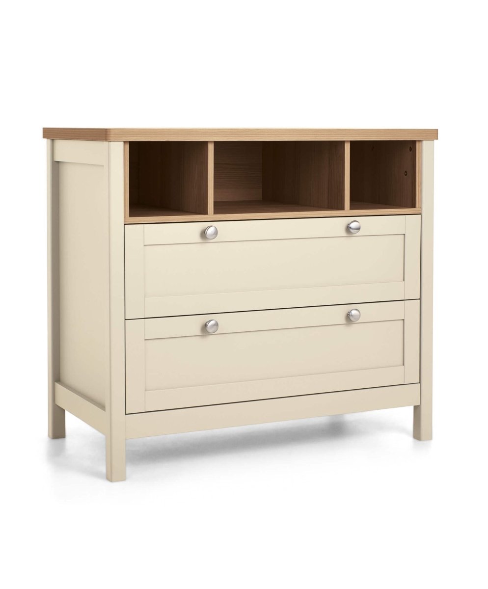 Baby dresser changer front view with wood top and two drawers, open cubbies