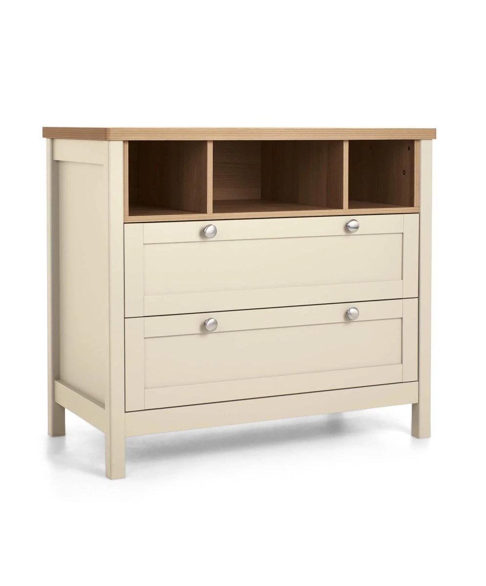 Baby changing dresser front view with light cream drawers and open storage cubbies