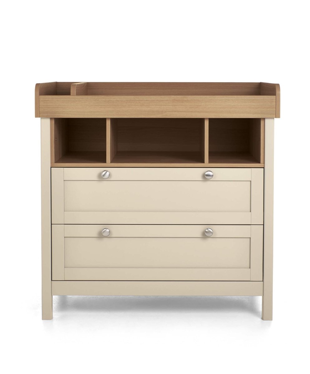 Baby dresser changer front view with three open cubbies, white drawers, wood top