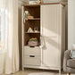Cashmere wardrobe cabinet with hinged doors, shelves, and drawers, light white finish