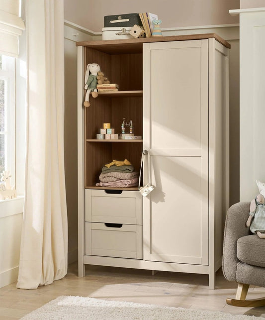 Cashmere wardrobe cabinet with hinged doors, shelves, and drawers, light white finish