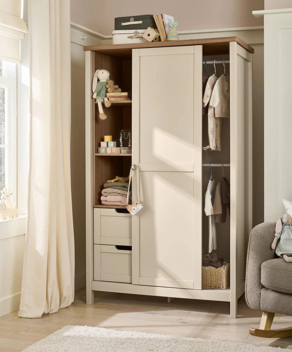Cashmere wardrobe cabinet with hinged doors and internal storage, light white finish