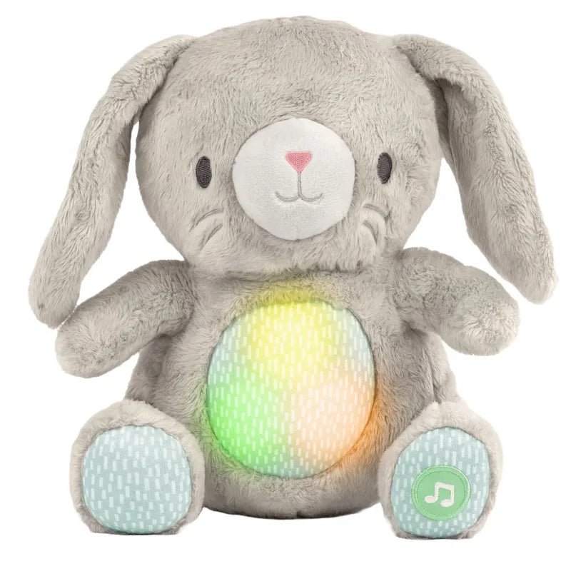 Grey plush bunny toy with glowing belly light and blue paw pads