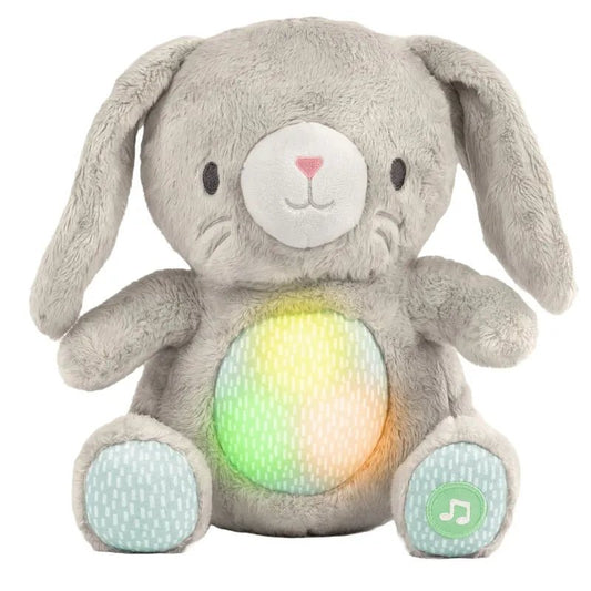 Grey plush bunny toy with glowing belly light and blue paw pads