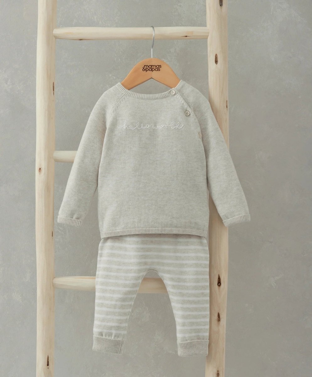 Newborn knit set: light gray sweater with long sleeves and striped knit pants
