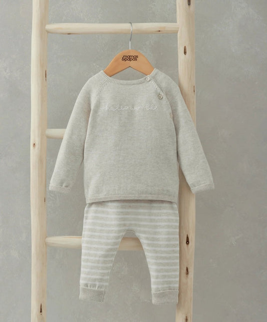 Newborn knit set: light gray sweater with long sleeves and striped knit pants