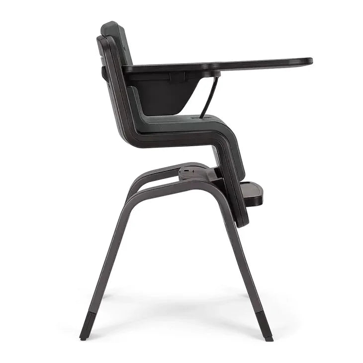 High chair side view with dark seat, backrest, and integrated safety bar