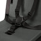 High chair seat with buckle harness and fabric straps on a textured gray cushion
