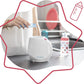 White car bottle warmer with blue top beside a feeding bottle