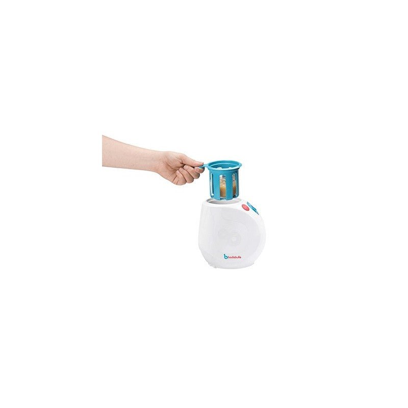 White and blue car bottle warmer with top lid in place