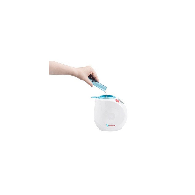 White car bottle warmer with blue insert, lid opened by hand