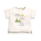 Cream short-sleeve T-shirt with layered cloud, sun, and mountain graphic