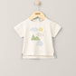 Cream short-sleeve T-shirt with front graphic of sun, clouds, and mountains