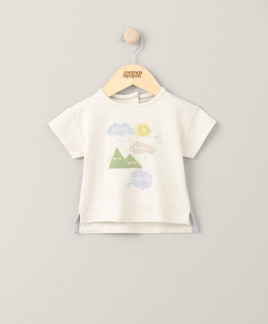 Cream short-sleeve T-shirt with front graphic of sun, clouds, and mountains