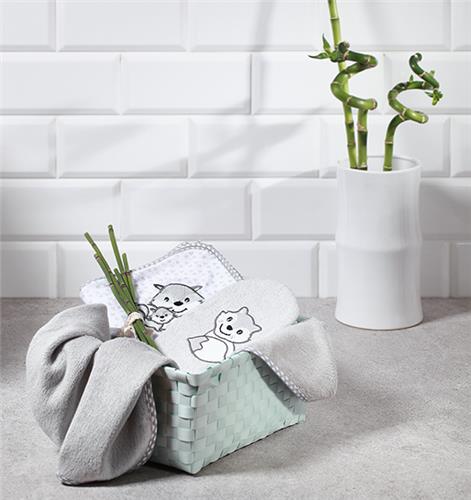Hooded bamboo towel 100x100 laid in basket, gray-and-white animal face print