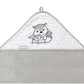 Hooded bamboo towel with triangular hood, gray animal graphic, and loop handle