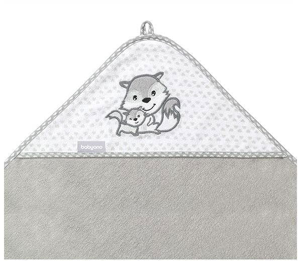 Hooded bamboo towel with triangular hood, gray animal graphic, and loop handle