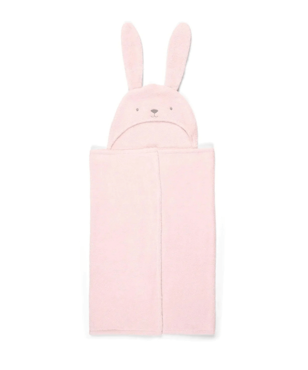Pink hooded bunny towel with folded body and long ears on top