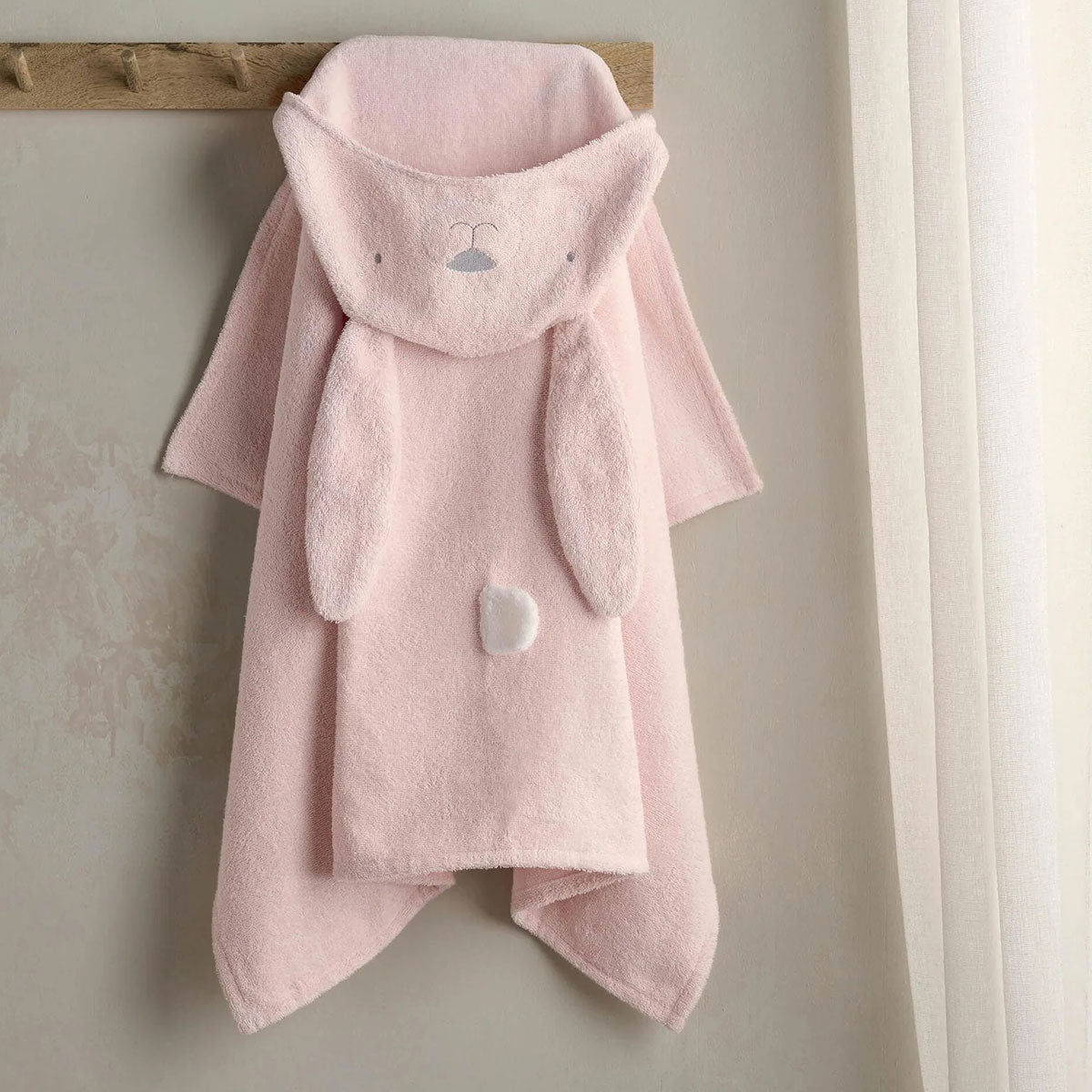 Pink hooded bunny towel with towel pocket and embroidered bunny face