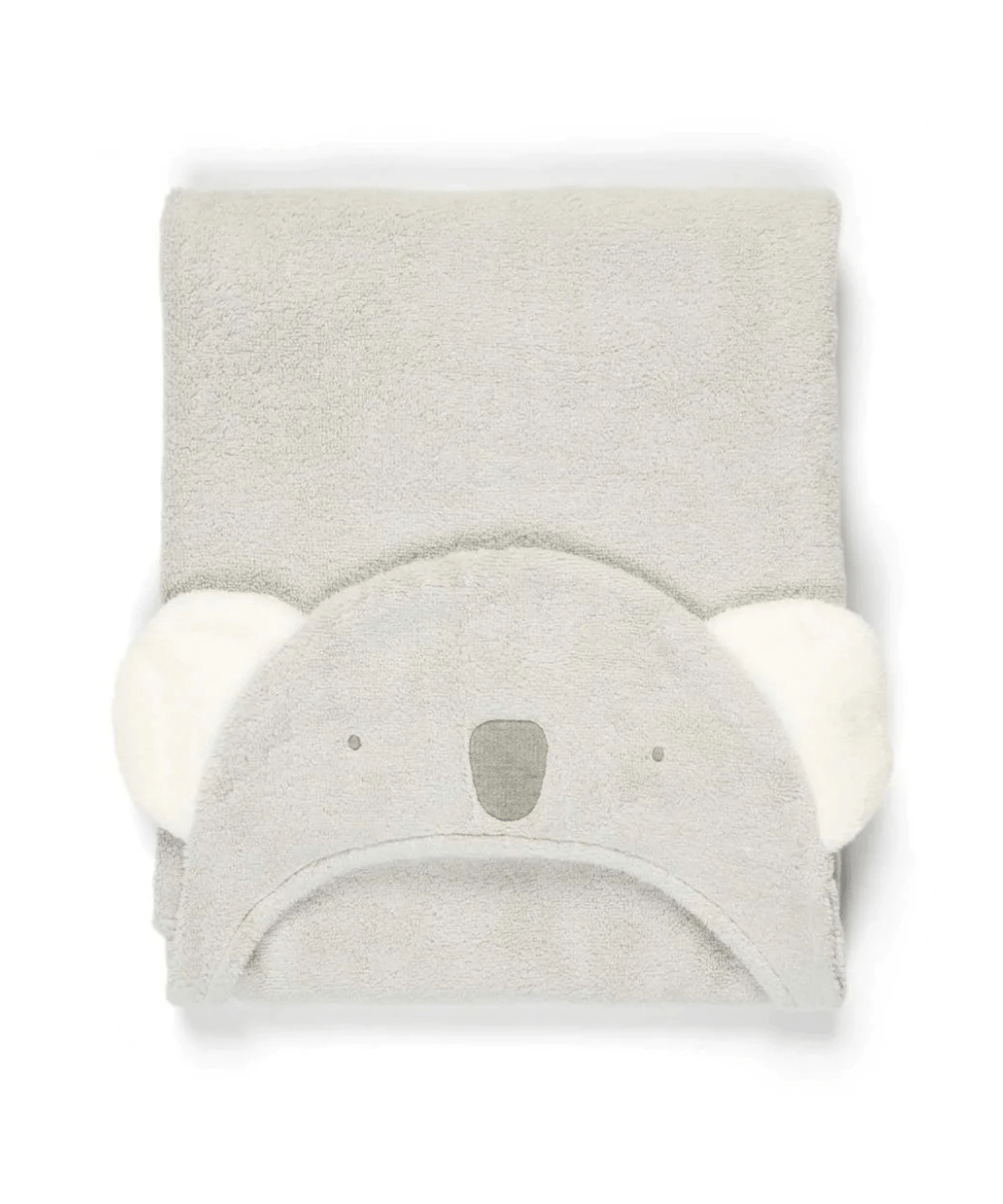 Koala hooded towel, light gray plush with rounded hood and koala face