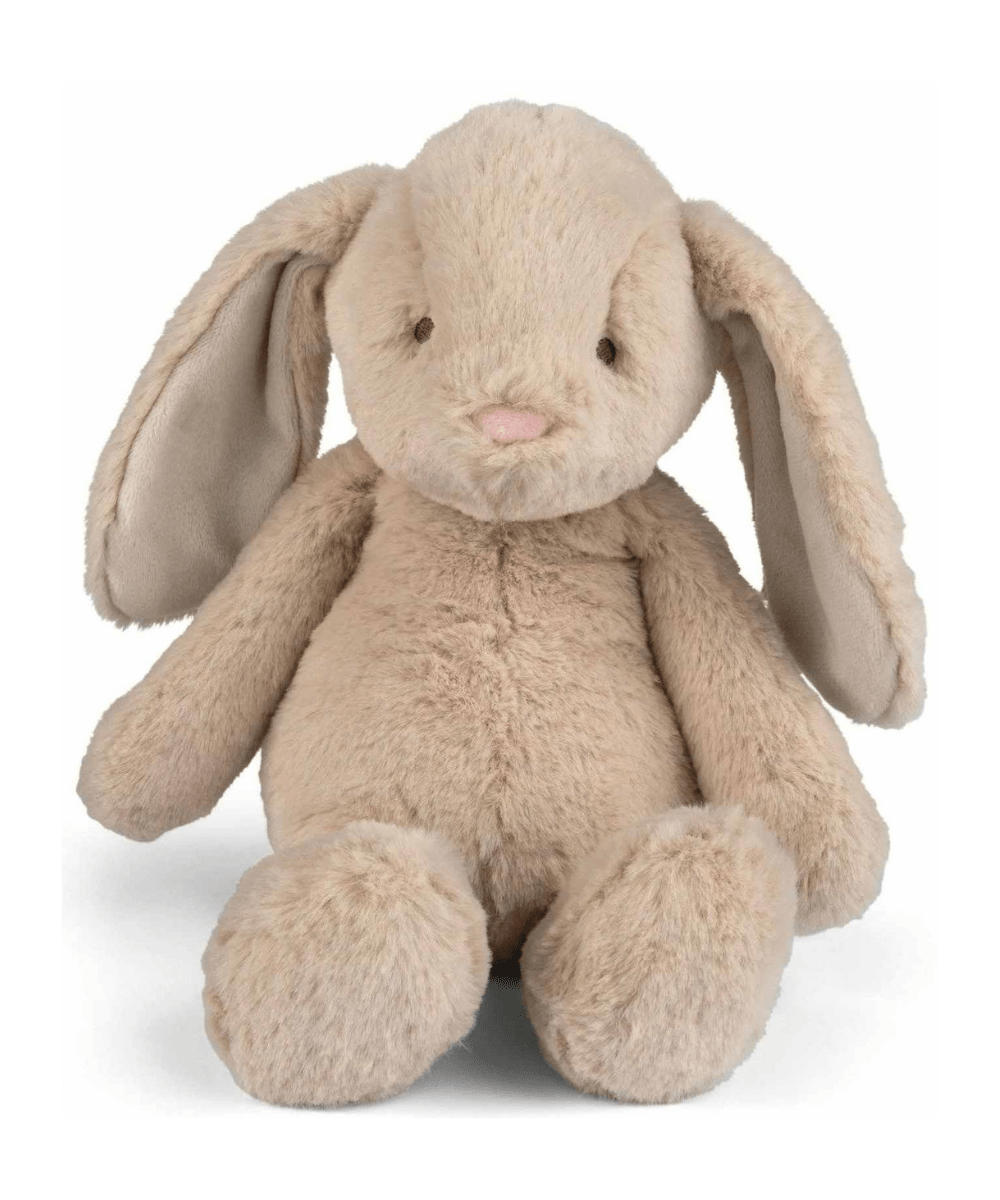 Beige plush bunny soft toy with floppy ears and stitched facial features