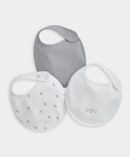 Set of 3 baby bibs with balloon-style prints, gray and white terry styles