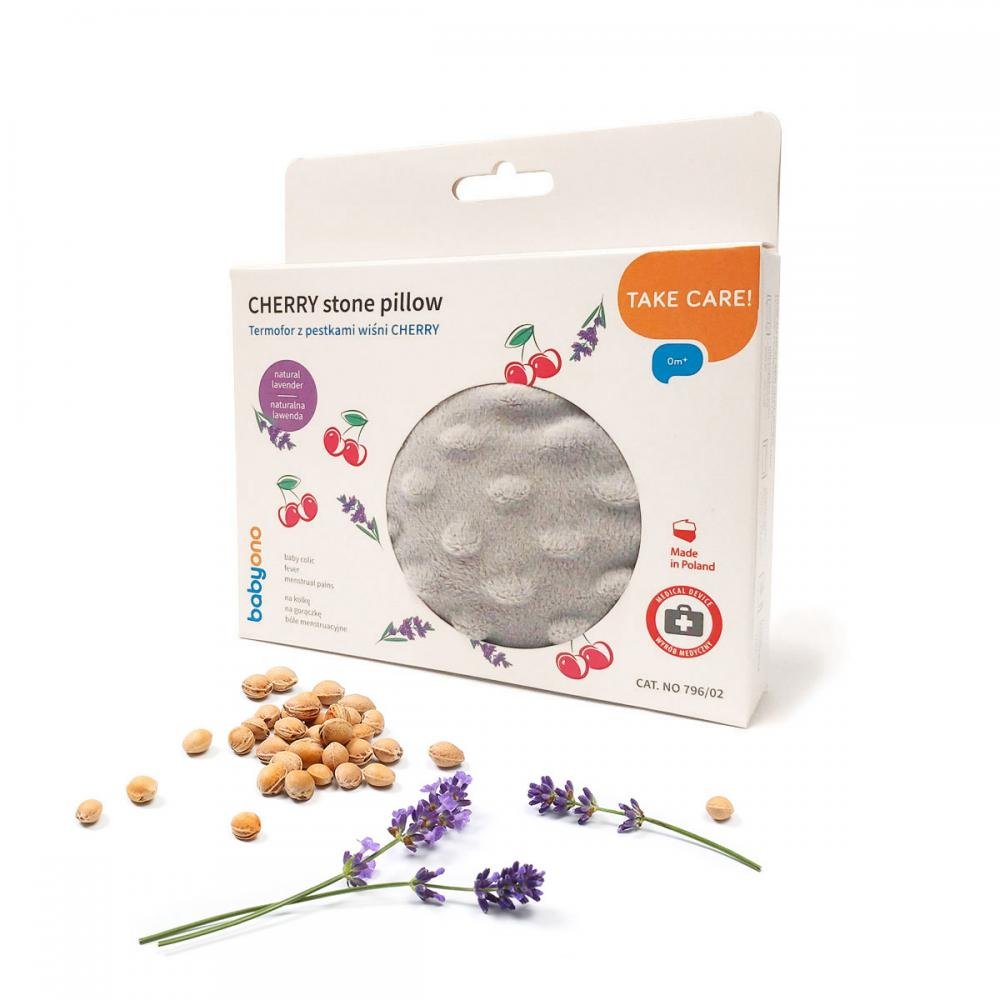 Hot water bottle with cherry seeds box, grey round pillow design with cherries