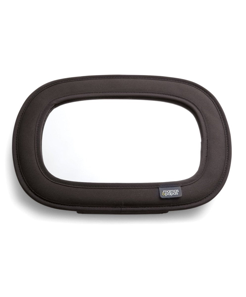 Black in-car baby mirror cover with oval viewing window and small logo patch