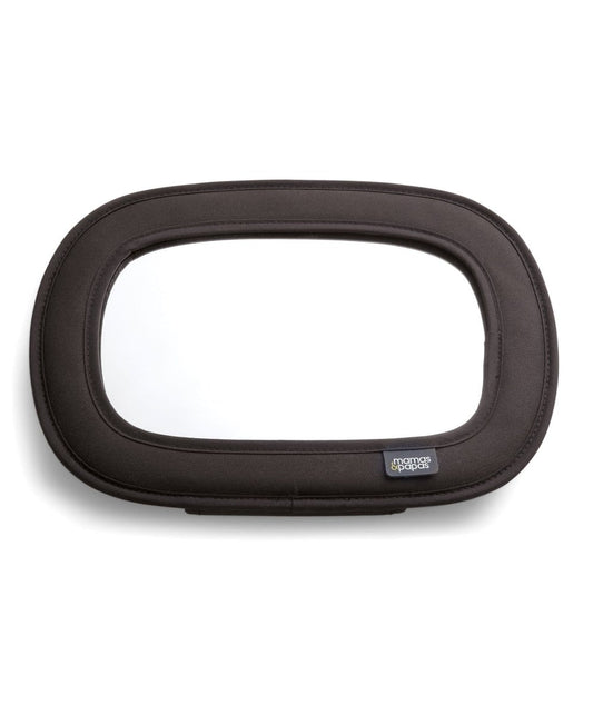 Black in-car baby mirror cover with oval viewing window and small logo patch
