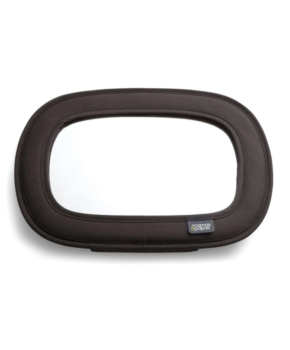Black oval baby mirror frame with fabric edge and recessed window opening