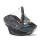 Infant carrier raincover with clear front panel and black canopy, elastic ties.