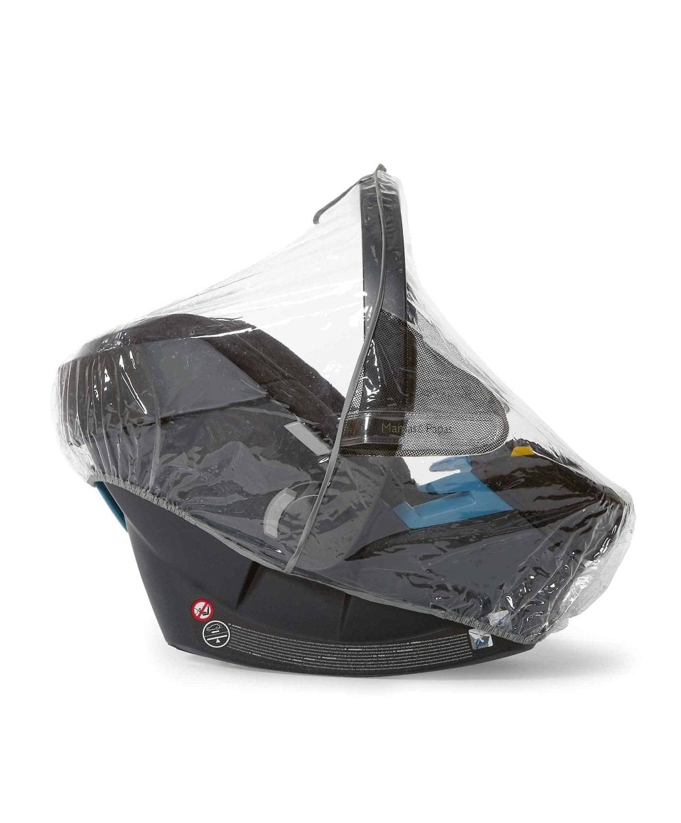 Infant carrier raincover with clear front panel and black canopy, elastic ties.
