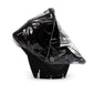 Infant carrier raincover, glossy black with transparent window and snap closure.
