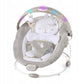Infant bouncer with grey seat, bunny plush toys, and oval baby insert