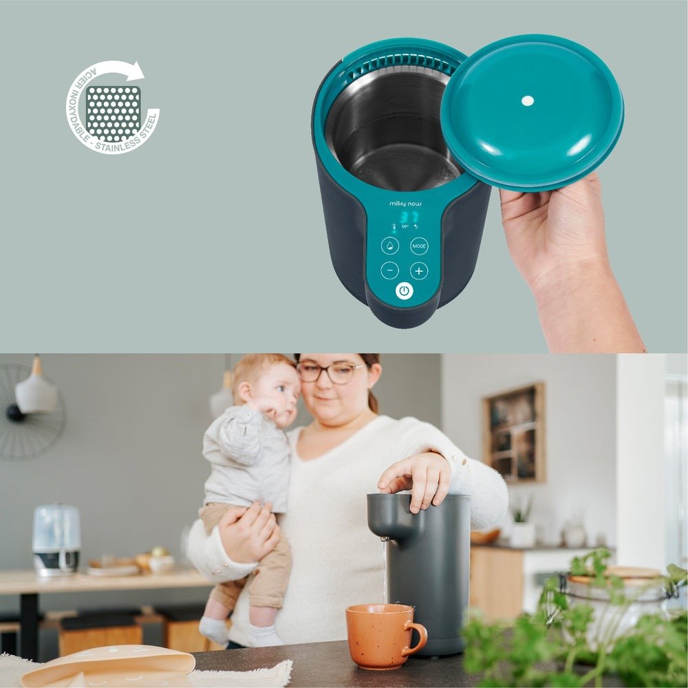 Baby bottle warmer with teal lid open, inner heating cup and touch control buttons.