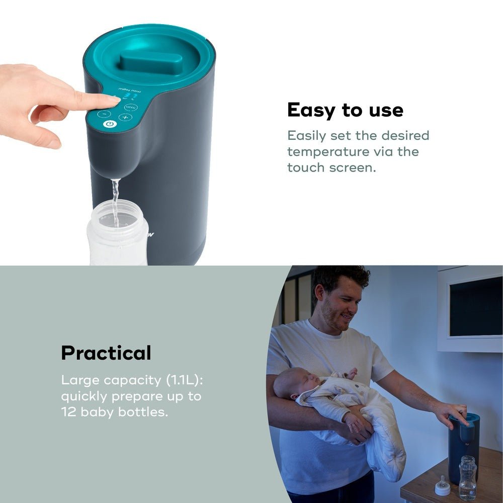 Baby bottle warmer with teal top, hand adjusting lid while bottle is placed.