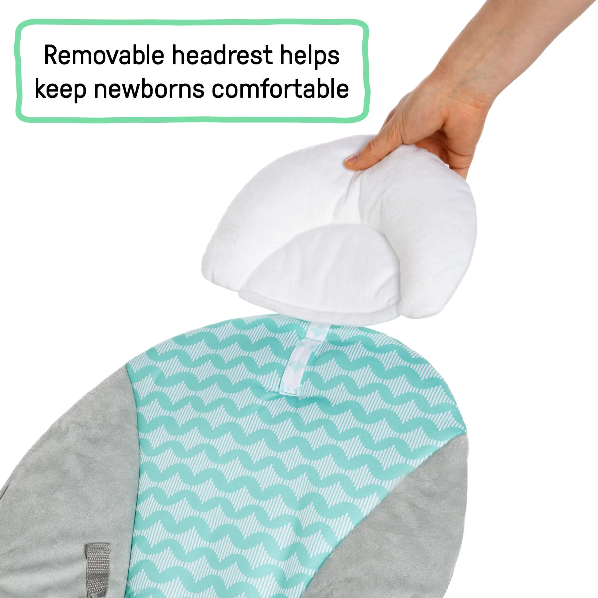 Baby bouncer headrest pad with gray cushion and teal chevron insert, adjustable