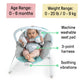 Baby bouncer with gray seat, teal patterned base, and arched toy attachments