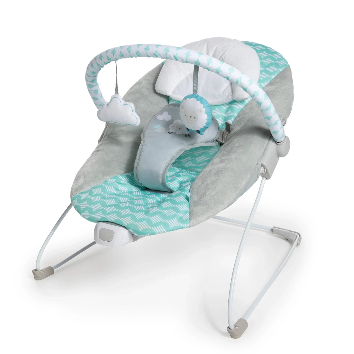 Deluxe baby bouncer chair with gray and teal padded seat and toy bar