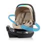 Infant car seat with beige interior, black frame, and blue accent details, front view.