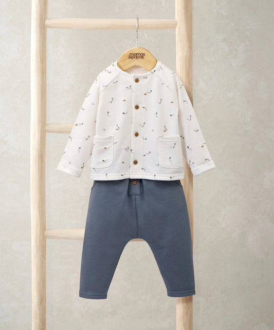 Kids jacket and leggings set with kite print, white button-front jacket and navy pants
