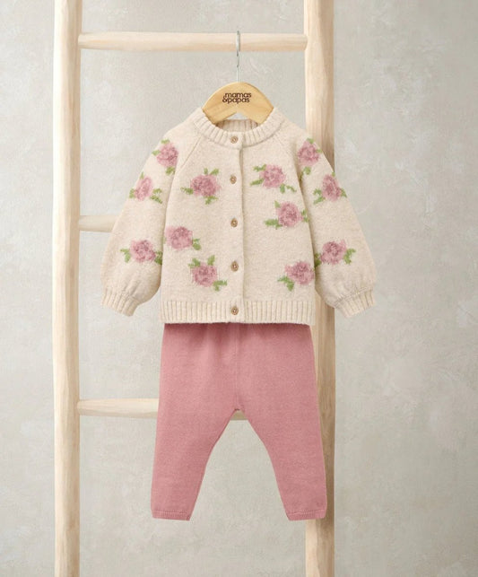Knit cardigan and leggings set: cream cardigan with pink floral sleeves, pink leggings