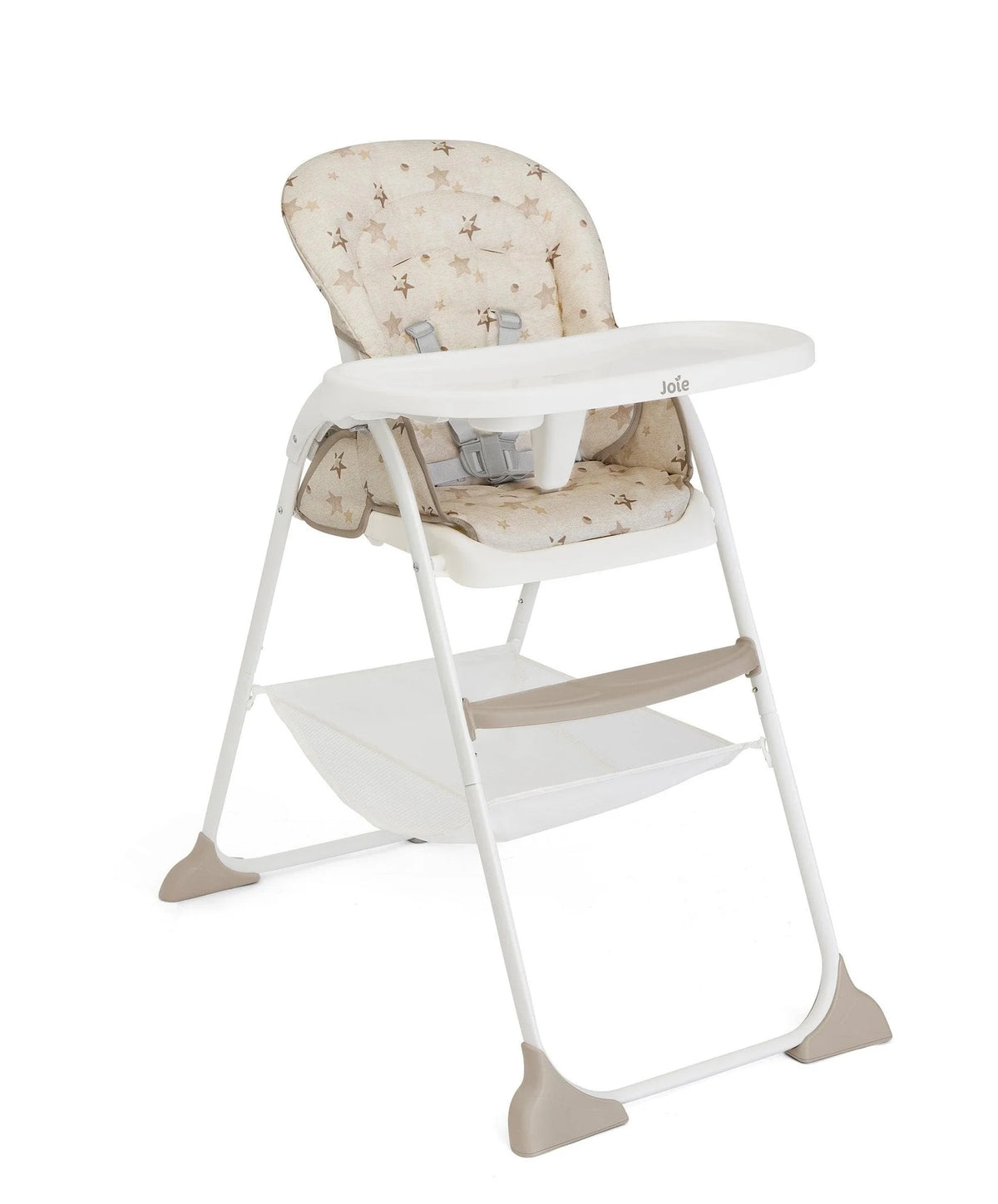 White highchair with cream star-pattern seat, padded harness and wide tray.
