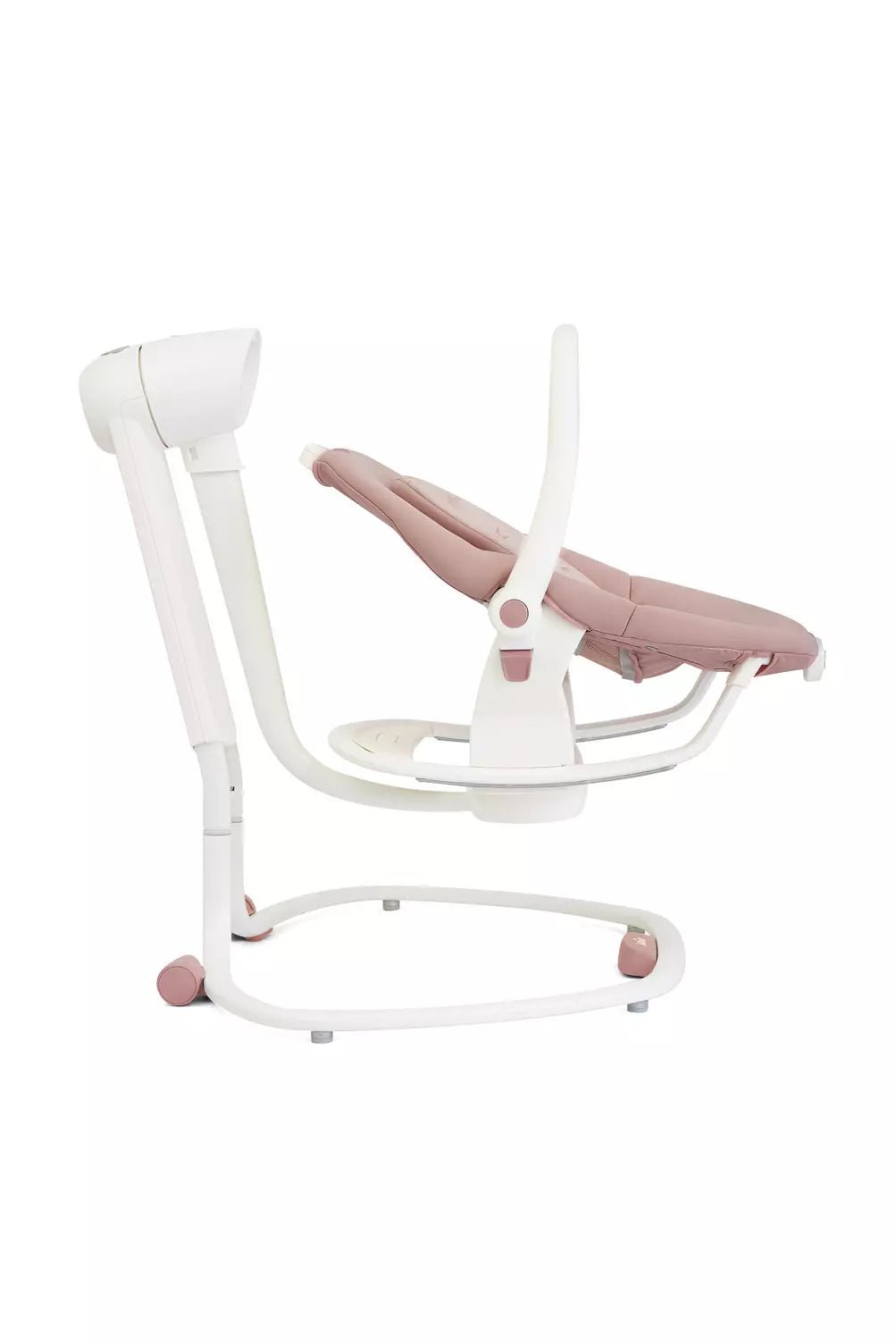 White baby swing rocker with pink padded seat and curved base, removable seat pad