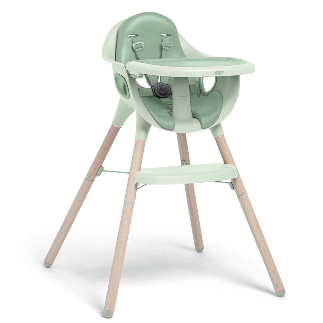 Eucalyptus green baby high chair with tray, footrest, and three wooden legs