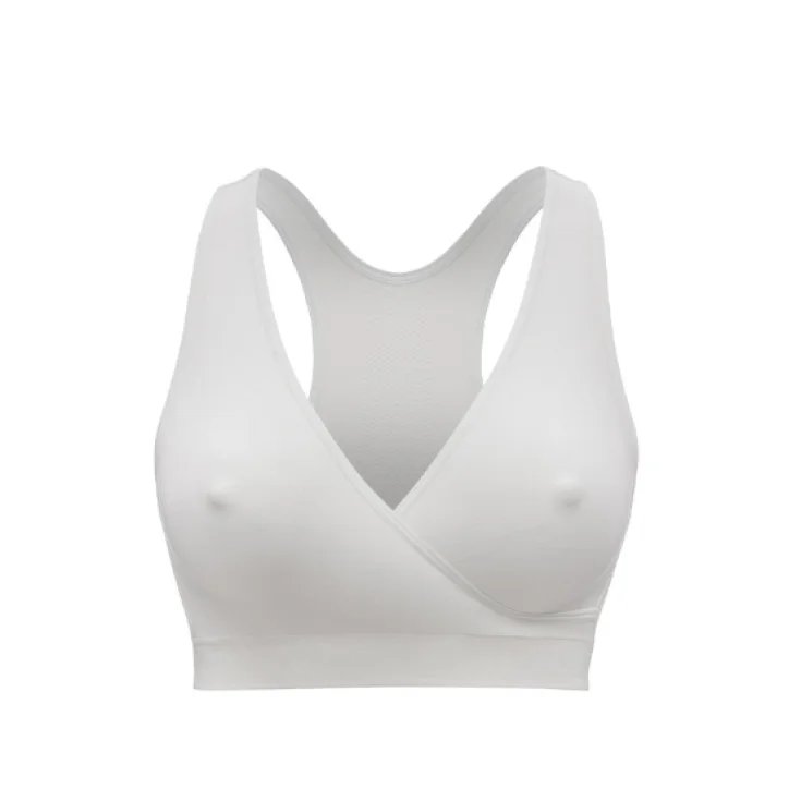 White nursing sleep bra with V-neck and wide straps, seamless front