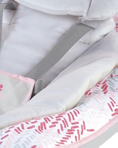 Baby bouncer seat pad with gray harness strap and white cover with red patterned trim