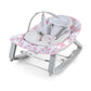 Baby bouncer rocker seat with gray frame and white/red patterned cushion, carrying arch