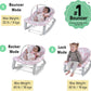 Baby bouncer rocker seat showing bouncer, rocker, and lock positions with child