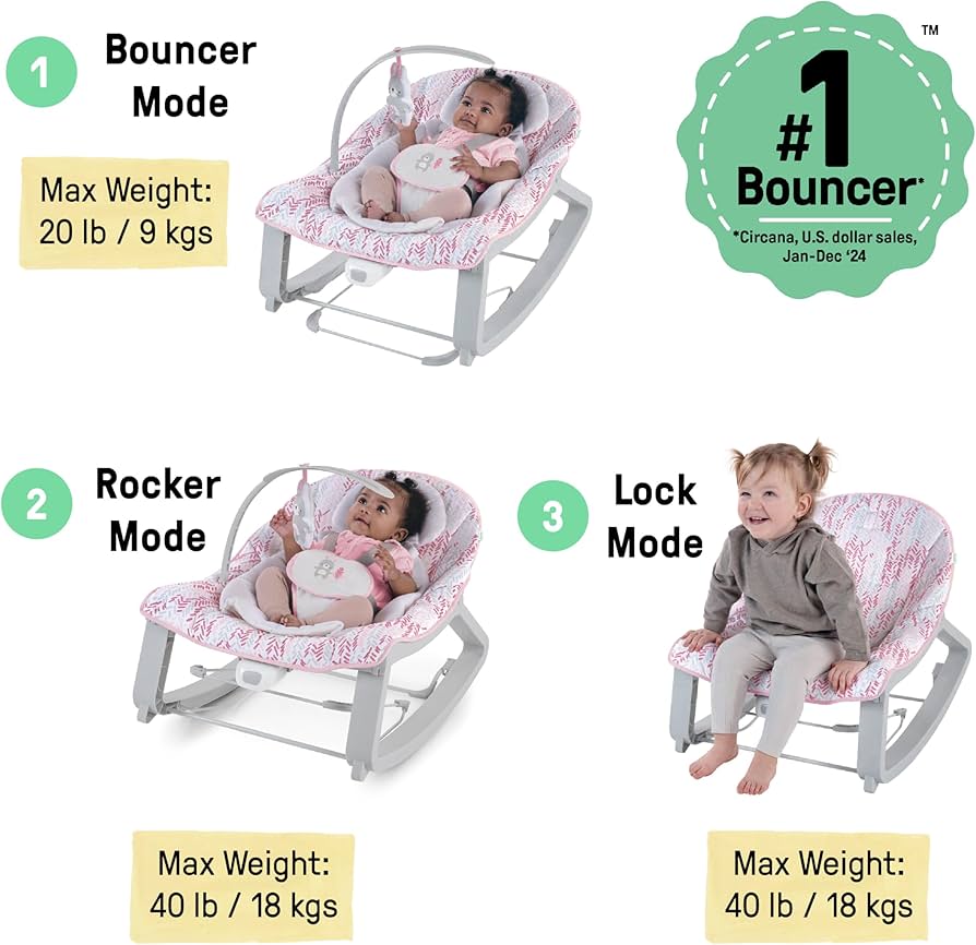 Baby bouncer rocker seat showing bouncer, rocker, and lock positions with child